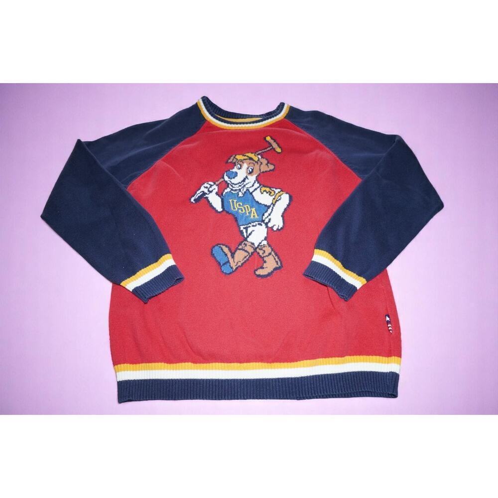 Vintage USPA Polo Dog Knit Sweater Medium – Red Navy Varsity Y2K Style Rare Grap